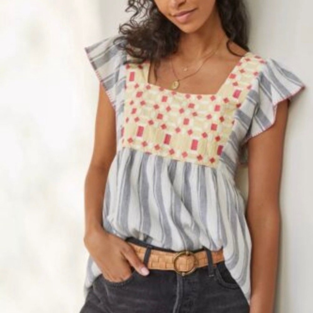 Forever That Girl Embroidered Top Striped Peasant Blouse Square Neck US 12